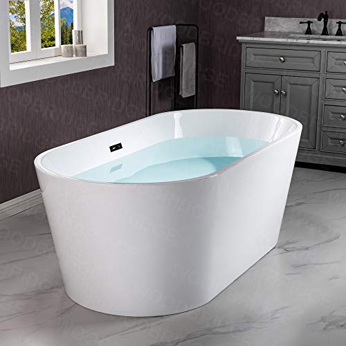 WOODBRIDGE 59" Acrylic Freestanding Bathtub Contemporary Soaking White Tub with Matte Black Overflow and Drain,B0014-MB-Drain &O WOODBRIDGE