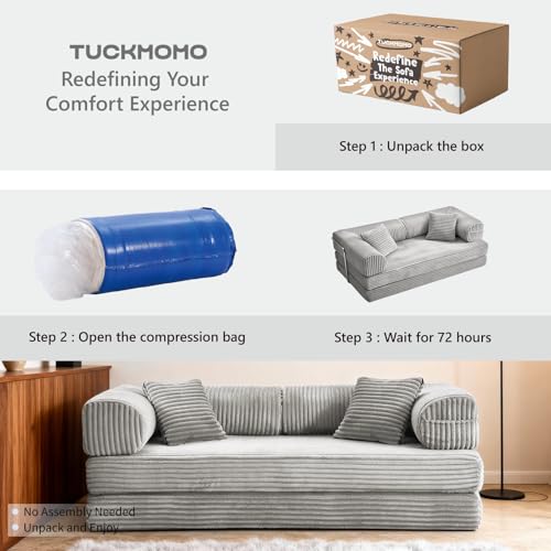 TuckMoMo 76.77 Inch Convertible Sofa Bed, Modern Corduroy Futon Boneless Couches Lounge Loveseat with Side Storage Pocket, Pull Out Sofa Bed for Living Room, Bedroom, No Assembly Required, Grey TuckMoMo