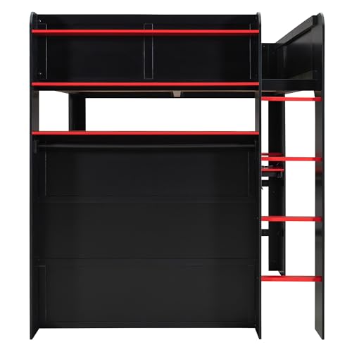 CKLMMC Full Size Gamer Loft Bed with Height-Adjustable Desk,Wardrobe,Ample Storage Space,and RGB Light, Wooden Bunk Bed for Gaming Setup (Red/A1) CKLMMC