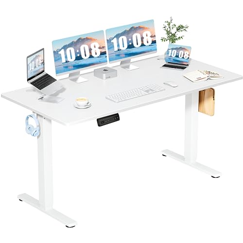 DUMOS 63 Inch Electric Standing Desk Height Adjustable, Sit to Stand Computer Workstations Large Work PC Table Home Office Writing Gaming Desks with Memory Presets for Walking Pad, Bedroom, White DUMOS