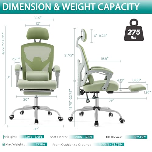 DUMOS Office Desk Chair with Footrest Ergonomic Gaming Chair for Adults Computer Mesh, Lumbar Support,Swivel Reclining with Headrest, Comfy Armrest for Home, Office, Work, Study, Light Green DUMOS