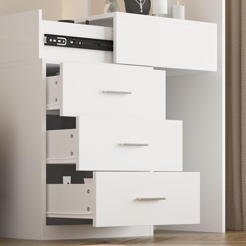 TAMUNE Vanity Desk with Mirror and Lights, Makeup Vanity with Drawers and Hidden Shelves, Full Length LED Mirror, Bedroom Dressing Table with Sliding Top, Grid Drawer, White, 19.7”D x 31.5”W x 63”H TAMUNE