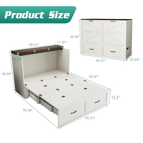 Hlivelood Full Size Murphy Chest Bed with Drawer and Charging Station, Farmhouse Wood Space-Saving Hidden Folding Beds Chest, Multifunctional Storage Cabinet Bed for Bedroom, Office, Rustic White Hlivelood