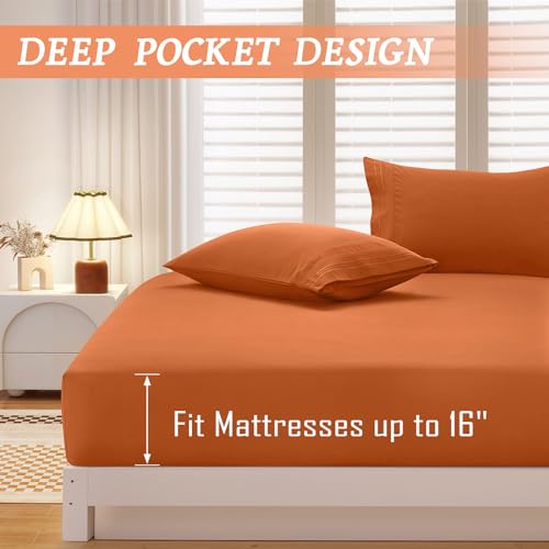 vveiiye Full Fitted Sheet with 2 Pillowcase Soft Microfiber Sheet Set 16" Deep Pocket Bed Sheets, Wrinkle Free and Easy Care Bottom Sheet for Full Size Bed, Burnt Orange vveiiye