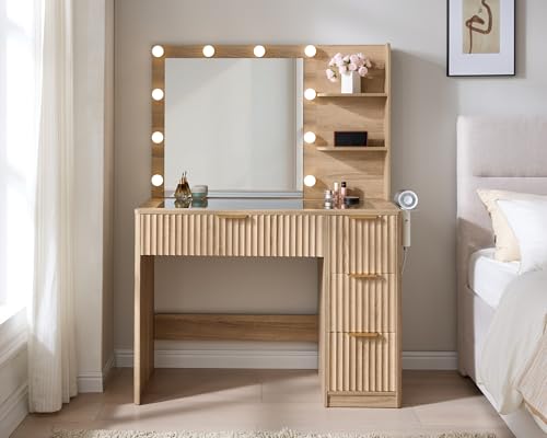 AMERLIFE 36.2" Fluted Vanity Desk with Mirror and Adjustable LED Lights, Large 4 Drawers Makeup Table with Glass Top and Charging Station for Women and Girls, Bedroom or Dorm, Natural Oak AMERLIFE