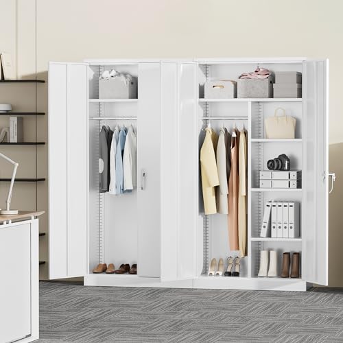 Greenvelly Metal Storage Wardrobe Cabinet with Lock Doors, 72" White Metal Freestanding Wardrobe Closet Locker with Doors and Shelves,Clothing Coat Steel Storage Locker for Office,Home,School,Gym Greenvelly
