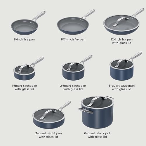 Ninja NeverStick Ceramic Pro 14-Piece Cookware Set, Non-Stick Pots & Pans Set with Glass Lids, Ceramic Coated, Stainless Steel, Stove to Oven Safe, All Stovetops & Induction Compatible, Blue CW39014MM Ninja
