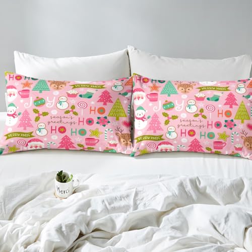 Erosebridal Pink Christmas Bed Sheets, Cartoon Santa Claus Sheet Set Twin for Kids Boys Girls Women Bedroom, Snowman Pine Fitted Sheet + Christmas Tree Cute Deer Top Sheet + 1 Xmas Decor Pillow Case Erosebridal