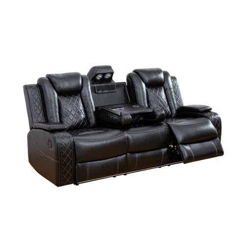 Ocstta Breathable Leather Power Recliner Sofa Set with LED, Leather Loveseat and Couch for Living Room, Reclining Couch Set with USB Port/Storage/Cup Holders (Sofa and Loveseat, Black) Ocstta