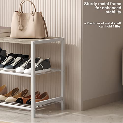 HOMEFORT 3-Tier Shoe Rack, Shoe Storage Shelf, Industrial Shoe Tower, Narrow Shoe Organizer for Closet Entryway, Small Shoe Rack Table with Durable Metal Shelves, White Oak HOMEFORT