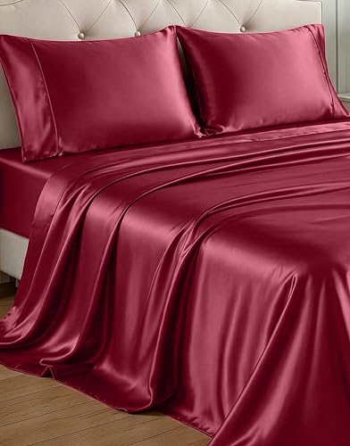 Casa Platino King Satin Sheet Set - Super Soft Cooling King Sheets Set with 15 Inch Deep Pocket Fitted Sheet, Helps Prevent Hair Frizz & Breakouts, Silky Smooth, Fade-Resistant - Burgundy Red Casa Platino