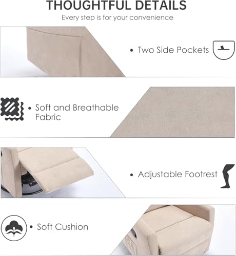 360° Swivel Rocker Recliner Chair for Small Spaces, Manual Reclining Chair for Adults, Rocking Glider Chair for Nursery, Living Room, Bedroom, Polyester Fabric Cream Beige