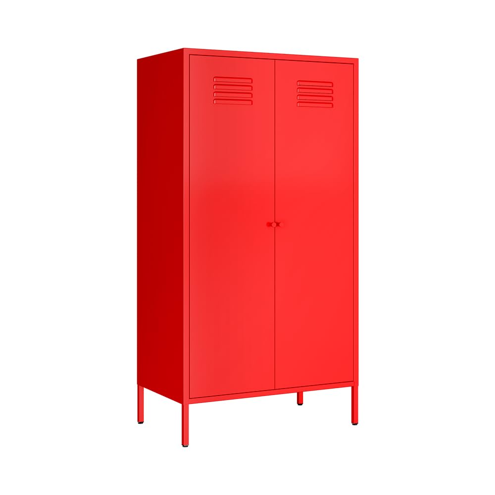LINGZOE 2 Magnetic Doors Steel Wardrobe Closet Storages Accent Cabinet with Hanging Rod and Laminate,Classified Storage Metal Tall Storage lockers Armoire with Leg for Home Bedroom(red) LINGZOE