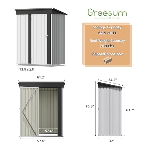 Greesum 5×3 FT Outdoor Storage Shed, Metal Storaged Sheds Without Floor, Tool Sheds with Lockable Doors and Sloping Roof for Garden, Patio, Backyard, White Greesum