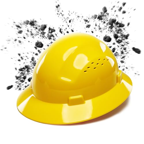 COOLJOB Full Brim Hard Hat, OSHA Construction Work Approved, HDPE Safety Helmet with 4 Point Adjustable Ratchet Suspension, Class E, G & C, Yellow COOLJOB