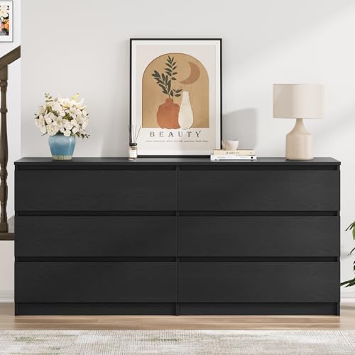 59'' Modern 6 Drawer Dresser, Black Dresser for Bedroom, Wide Chest of Drawers with Minimalist Design, Smooth Metal Slides & Sturdy Base, Wood Long Dresser, Double Drawer Dresser for Closet HarmonyHues