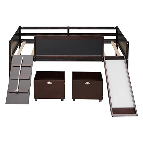Twin Size Low Loft Bed with Slide and 2 Storage Boxes,Kids Low Loft Bed Frame with Climbing and Chalkboard,Solid Loft Bed Twin for Boys,Girls,Espresso Bellemave