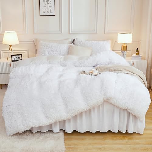 Andency White Comforter Full Size Set, 3 Pieces Fluffy Faux Fur Warm Soft Fuzzy Plush Bedding Comforter Set, Thick Heavy Puffy Comfy Bedding Sets Andency