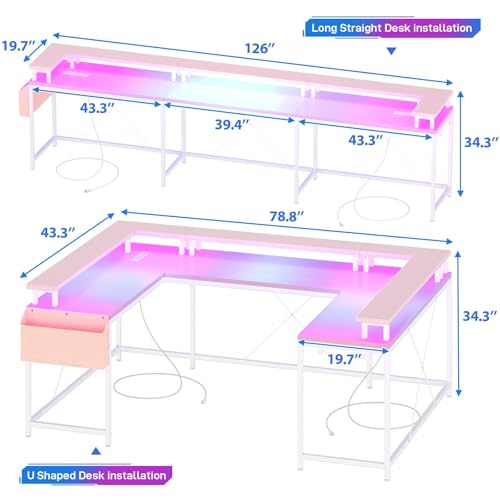 126" U Shaped Gaming Desk, Power Outlets & USB Ports, Reversible Corner Computer Desk with Monitor Stand, RGB LED Lights, Storage Shelves & Bag, Gaming Desk for Home Office, Tiger Stripes, Pink Hoguyexila