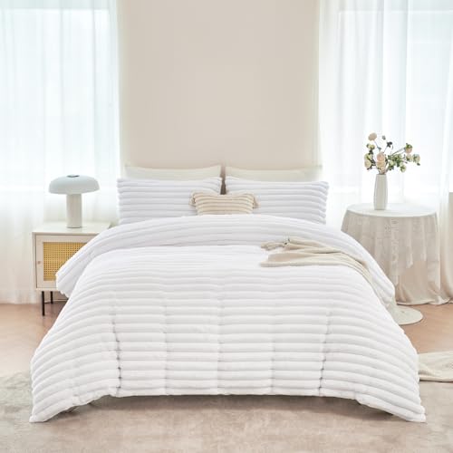 ANGIYUIN 3 Pieces White Duvet Cover Sets Twin Faux Fur Fluffy Bedding Cover Sets for Kids Girls Teens Soft Fuzzy Comforter Cover Sets for All Season(White Twin) ANGIYUIN