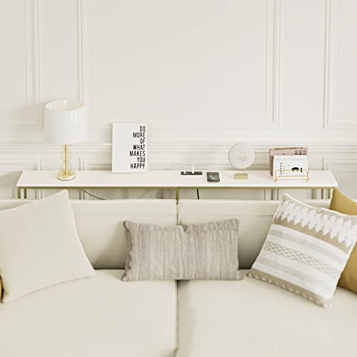 Masupu 70.9 Inch Console Table with Power Outlet,Modern Narrow Long Sofa Table Behind Couch,Skinny Entry Table with Gold Metal Frame for Entryway,Living Room, Hallway,Classic White Masupu