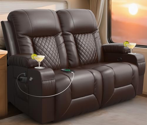 MOSGAT RV Loveseat Recliner Sofa, Reclining Loveseat Wall Hugger Recliners with USB Ports, Cup Holders, Insert Pockets, RV Recliners for Travel Trailers & Living Room, RV Furniture | RV Couch | Brown