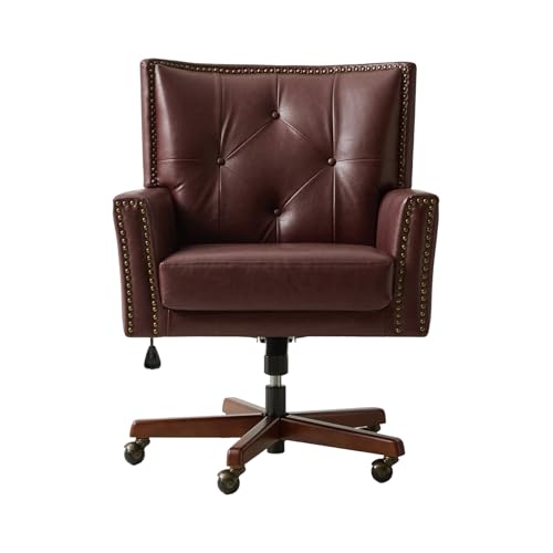 HULALA HOME Faux Leather Home Office Chair with Tilt Mechanism and Reclining Backrest, 360 ° Swivel Desk Chair with Metal Base, Button Tufted Computer Task Chair, Height Adjustable, Brown HULALA HOME