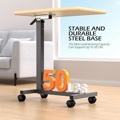 WOTURE Adjustable Overbed Table with Wheels, Bedside Rolling Table, Pneumatic Height Adjustment, Hospital Bed Table on Wheels, Standing Desk, Bedridden & Mobility Needs, Maple WOTURE