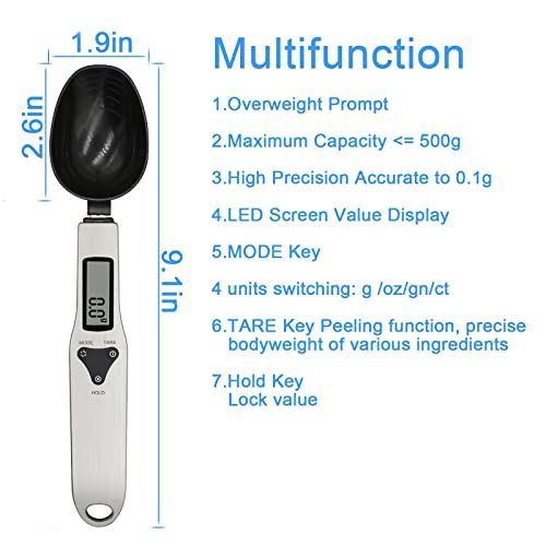 3T6B Kitchen Digital Measuring Spoon Food Scale Digital Multi-Function Small Digital Spoon Scale, Weight from 0.1 Grams to 500 Grams Support Unit g/oz/gn/ct (with 2 AAA Batteries)-LCD Display