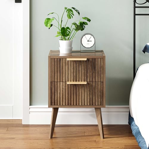 YAUKOMEL Mid Century Modern Nightstand,Small Bedside Table with 2 Drawers,Fluted Side Table,Walnut Brown End Table for Living Room,Bedroom,Small Space,Caramel Oak 11.8" D x 16" W x 22.4" H CTG55BR YAUKOMEL