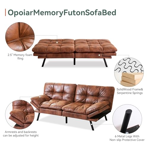 Opoiar 71" L Covertible Futon Sofa Bed,Faux Leather Futon Couch, Memory Foam Modern Loveseat Sleeper, Small Splitback Sofa Couches for Living Room,RV,Home Office,Apartment,Brown Opoiar
