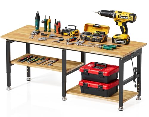 MUWOOD 72”Heavy Duty Work Bench, 2-Layer Adjustable Workbench, 5000 LBS Capacity Work Bench with Power Outlet & Pegboard, Rubber Wood Work Table for Garage, Workshop, Office, Home MUWOOD