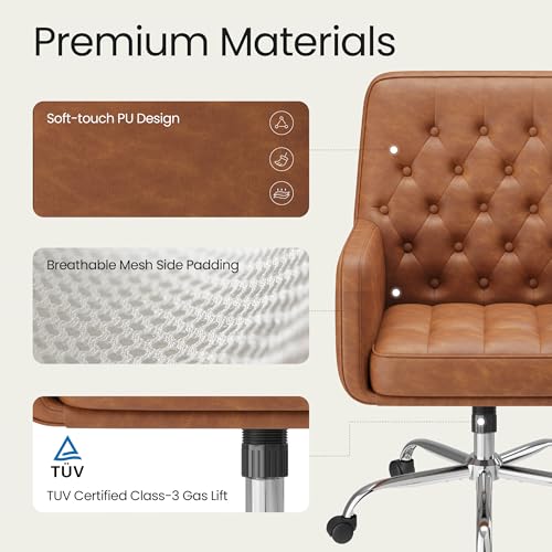 COLAMY Verso Home Desk Chair with Armrest, Leather Swivel Office Chair Adjustment Height with Wheels,Comfortable Padded Seat, Brown COLAMY