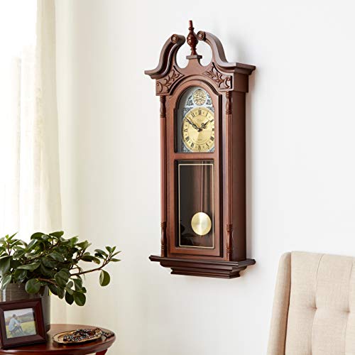Bedford Clock Collection Grand Antique Chiming Wall Clock with Roman Numerals in a in a Cherry Oak Finish, 38" L Bedford Clock Collection