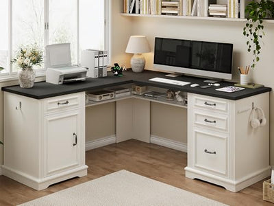 Farmhouse L Shaped Executive Desk with 4 Drawers, Home Office Desk with Hidden Under-Desk Storage Shelf and Charging Station, File Cabinet Storage, Wood Corner Computer Desk for Work(White+Black)