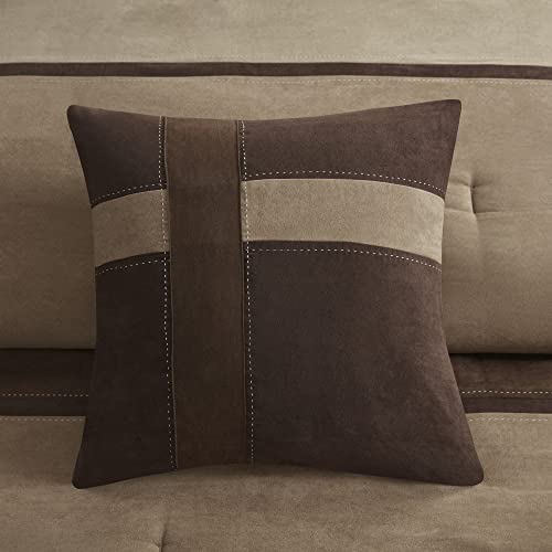 Madison Park Palisades Comforter Set Modern Faux Suede Pieced Stripe Design, All Season Down Alternative Cozy Bedding with Matching Shams, Decorative Pillows, King(104"x92"), Brown 7 Piece Madison Park