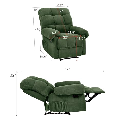 KEIKI Recliner Chair, Upholstered Nursery Rocker Reclining Chair with Side Pocket, Single Sofa Armchair for Living Room, Bedroom, Nursing, Reading, Army Green