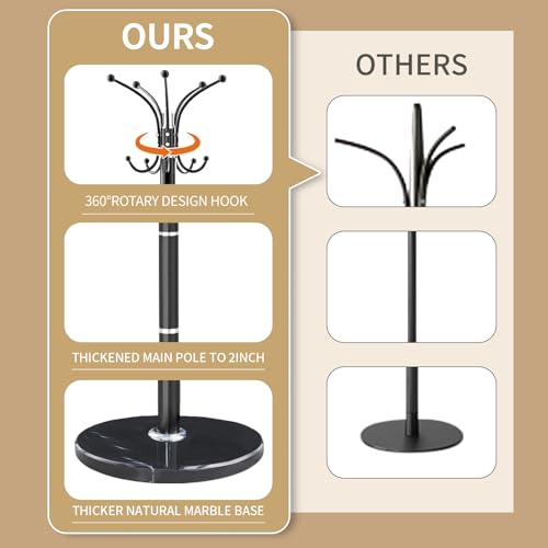 LOZABEE Metal Heavy Duty Coat Rack Stand, Modern Freestanding Coat Rack with Natural Marble Base, 360° Roraty Coat Racks with 14 Hooks, Black Coat Hall Tree Hanger Stand for Entryway, Office LOZABEE