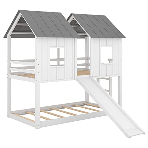 Merax Twin-Over-Twin Wooden House Bunk Bed with Slide, Windows, Ladder and Guardrails, Twin Size White House Bunk Bed Merax