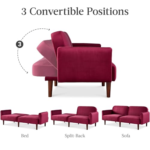 Best Choice Products 77" Mid Century Modern Velvet Loveseat Sofa, Couch, Convertible Sofa Sleeper Bed w/Real Wood, Removable Armrest - Raspberry Best Choice Products
