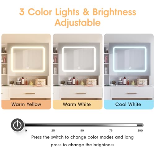 Vabches Vanity Desk with Mirror and Lights, Makeup Vanity with Charging Station, Vanity Table with Drawers, Shelves and Large Storage Cabinet for Home and Bedroom Vabches