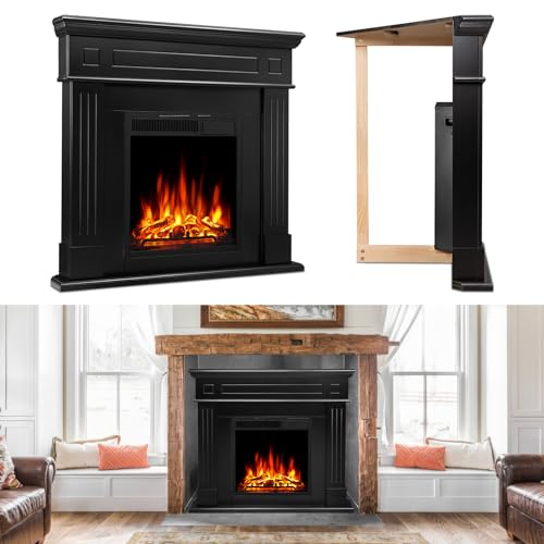 44" Corner Electric Fireplace with Mantel Package Freestanding Fireplace Heater Corner Firebox with Log & Remote Control,750-1500W,Black Xbeauty