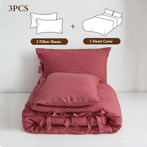 Simple&Opulence 100% French Linen Duvet Cover Set, 3 Pieces Belgian Flax Breathable Bedding, King Size 104''x92'' (1 Comforter Cover+2 Pillowshams) with Tie Closure Style, Red Simple&Opulence