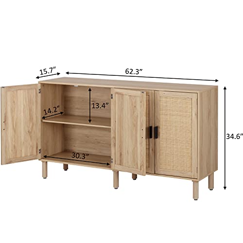 Finnhomy 4 Door Sideboard Buffet Cabinet, Kitchen Storage Cabinet with Rattan Decorated Doors, Cupboard Console Table, Boho Accent Liquor Cabinet, Bar Cabinet, 62.3X 15.7X 34.6 Inches, Natural Finnhomy