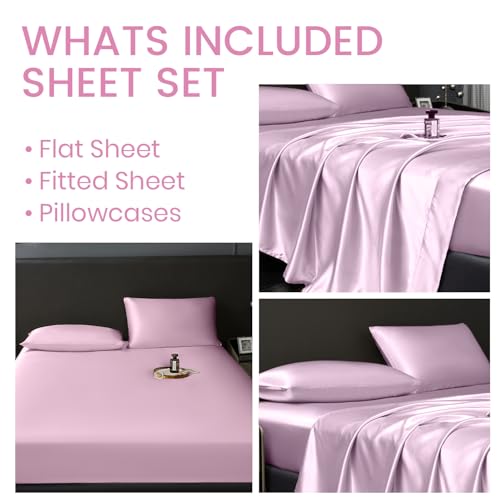 Revdomfly 3 Pcs Twin Size Luxury Silky Soft Pink Satin Sheet Set,1 Premium Moisture Wicking Fitted Sheet Fits Up to 16 Inches Deep Pocket + 1 Flat Sheet + 1 Pillowcases(Pink, Twin) Revdomfly