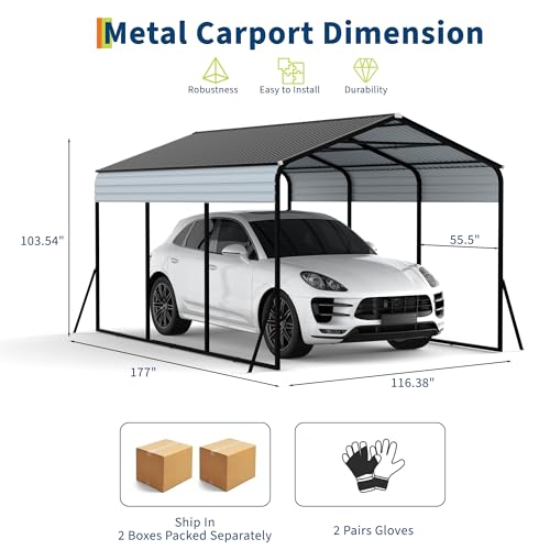 10x15 FT Metal Carport, Heavy Duty Carports Canopy with Galvanized Steel Frame & Roof, Outdoor Garage Car Port for All-Weather, Outdoor Galvanized Shelter for Car, Boats and Truck Reljofum