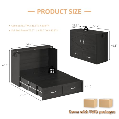 Harpaq Full Size Murphy Bed, Full Size Cabinet Bed Frame with Storage Drawer, Farmhouse Wooden Cabinet for Bedroom/Office/Guest Room, Black+Barnwood Harpaq