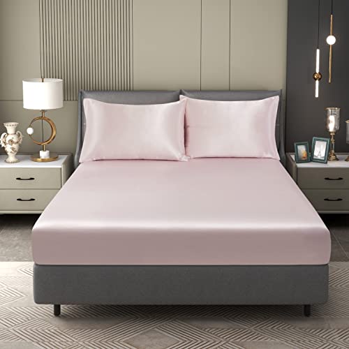 Counfeisly 3 Pieces Satin Full Fitted Sheet & Pillowcase Set, Luxury Silky Soft Satin Bed Sheets with 1 Deep Pocket Fitted Sheet - 16" Deep Pocket Sheets, 2 Pillowcases, Blush Pink Counfeisly