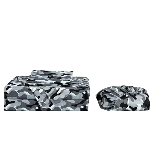 Chezmoi Collection Military Camo 4-Piece Sheet Set - Camouflage Black Gray Printed Microfiber Soft Breathable Deep Pocket Sheets and Pillowcases Set, Full XL Size Chezmoi Collection