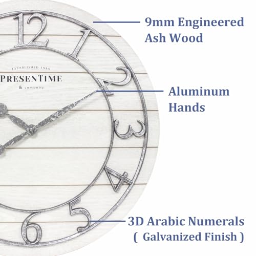 Presentime & Co Classic Farmhouse Shiplap Clock, 19.5 inch, Galvanized Finish Arabic Numerals with White Shiplap Style. Large Farmhouse Decor for Living Room, Entryway, Home Office. Wall Décor Presentime